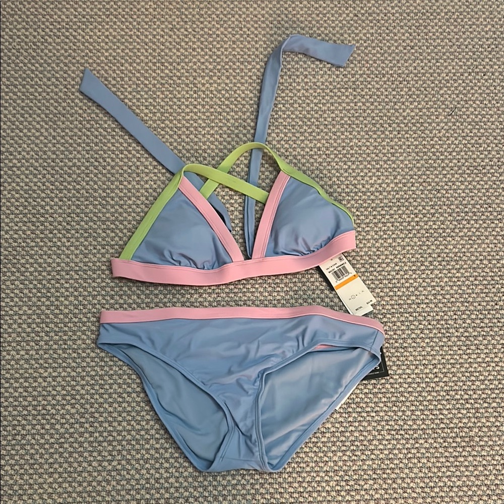 Salt + Cove Kids Bikini in Blue with Pink and Green Trim